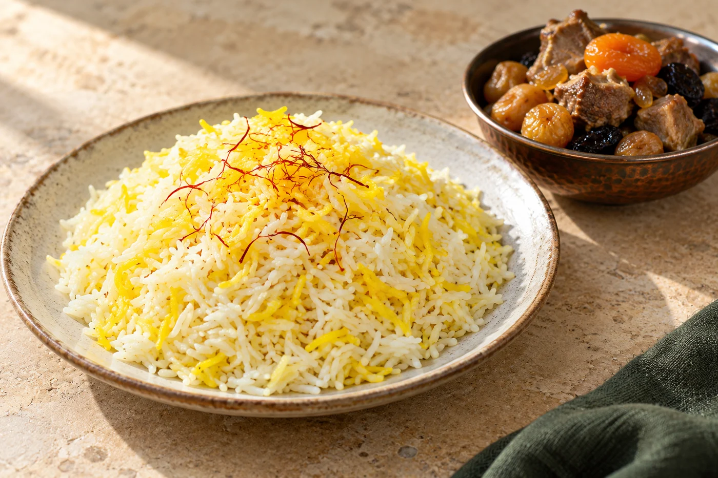 Za&rsquo;faronli guruch va alohida qayla bilan tortilgan suzme plov koʻrinishi.